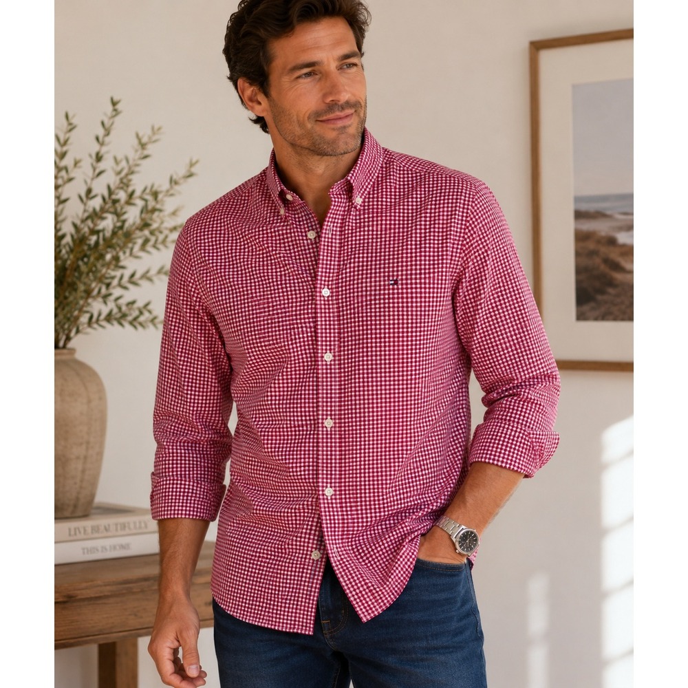 Tommy Hilfiger Red Gingham Plaid New York Button Up Down Shirt Academia Prep Dad